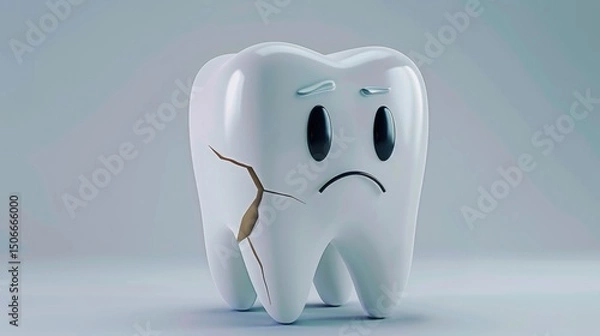 Obraz Cracked tooth character with sad expression on neutral background for medical dental concept with free place for text