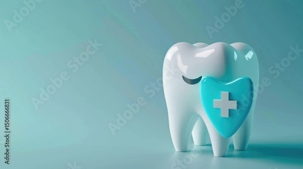 Obraz Cartoon smiling tooth character with protective shield on green background for dental care concept and place for text