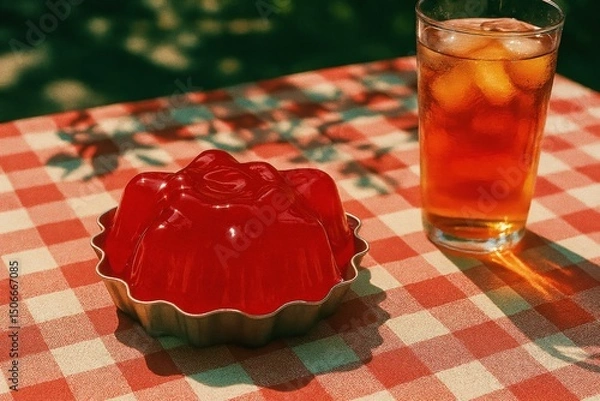 Fototapeta Retro picnic delight with jello mold and iced tea on checkered tablecloth