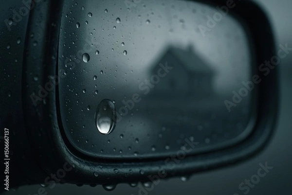 Fototapeta Raindrop reflection on car mirror capturing mysterious house scene