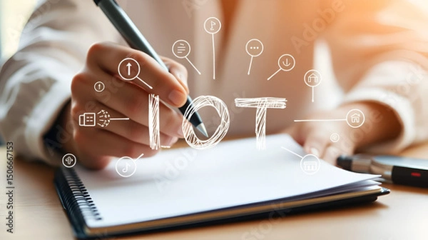 Obraz IOT drawing over writing hands in notepad background. Concept of smart home. Multi exposure