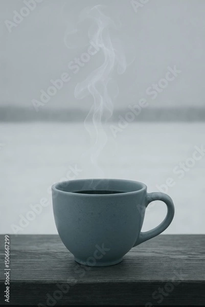 Fototapeta Zen winter tea composition: tranquil moment with steaming cup in minimalist setting