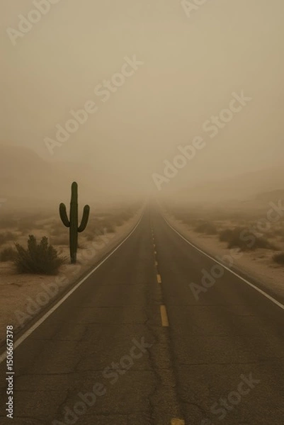 Fototapeta Serene desert road and cactus in misty stillness