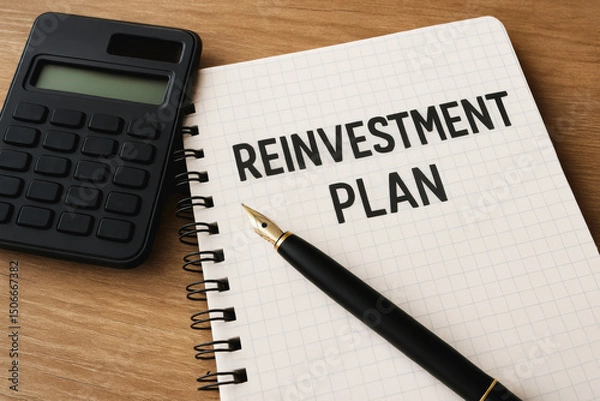 Fototapeta Reinvest plan concept with notebook pen and calculator on desk for financial planning