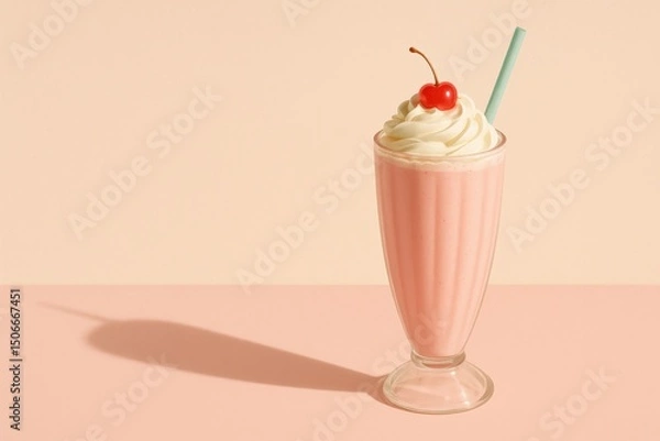 Fototapeta Retro milkshake delight with cherry and whipped cream in soft pastel setting