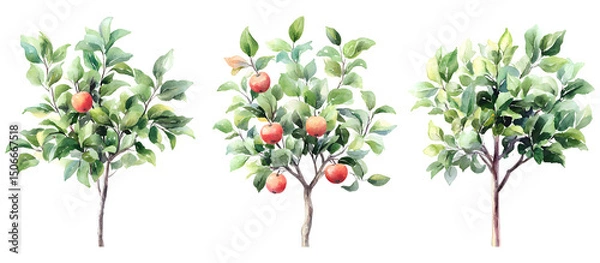 Fototapeta Watercolor illustration of apple trees with ripe apples on branches and green leaves isolated on transparent background