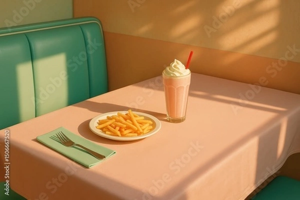 Fototapeta Retro diner ambiance with milkshake and fries in sunlit booth