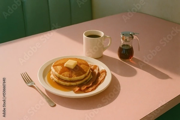 Fototapeta Cozy retro diner breakfast with pancakes and coffee in a nostalgic setting