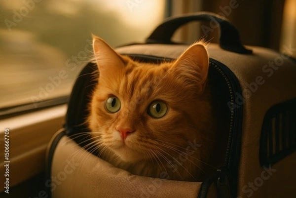 Fototapeta Curious ginger cat peeking from a carrier bag by the window