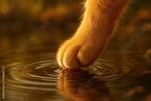 Fototapeta Tranquil moment of cat paw touching water ripples in warm light