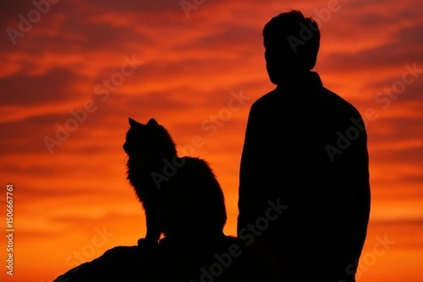 Fototapeta Silhouette of cat and person at sunset for tranquil evening scene concept