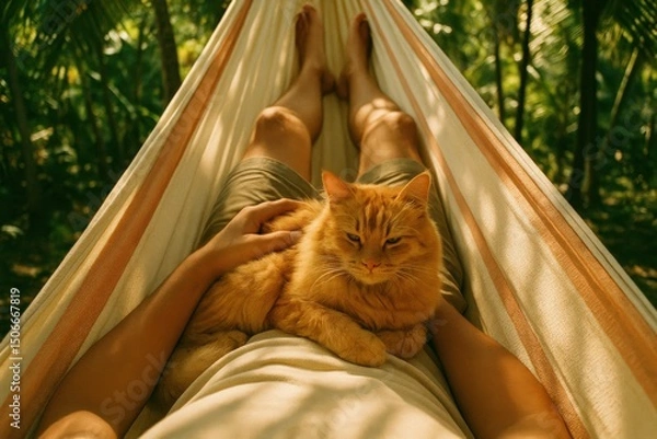 Fototapeta Relaxing hammock cat nap in tropical paradise for tranquil summer getaway design
