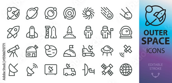 Fototapeta Outer space line icons set. Set of rocket, planet, solar system, satellite, space shuttle, lunar rover, astronaut, observatory, telescope vector icon with editable stroke