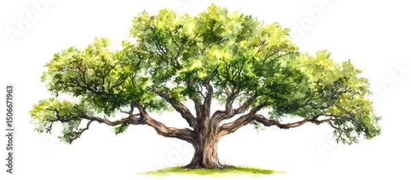 Fototapeta Watercolor illustration of an old oak tree with wide branches and lush green leaves isolated on transparent background