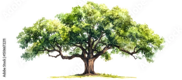 Fototapeta Watercolor illustration of an old oak tree with wide branches and lush green leaves isolated on transparent background