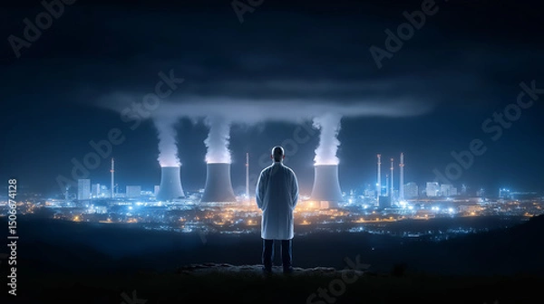 Obraz Nuclear Energy Visionary: A lone scientist in lab coat stands at the precipice, overlooking a sprawling nuclear plant at night, embodying a vision of future energy.