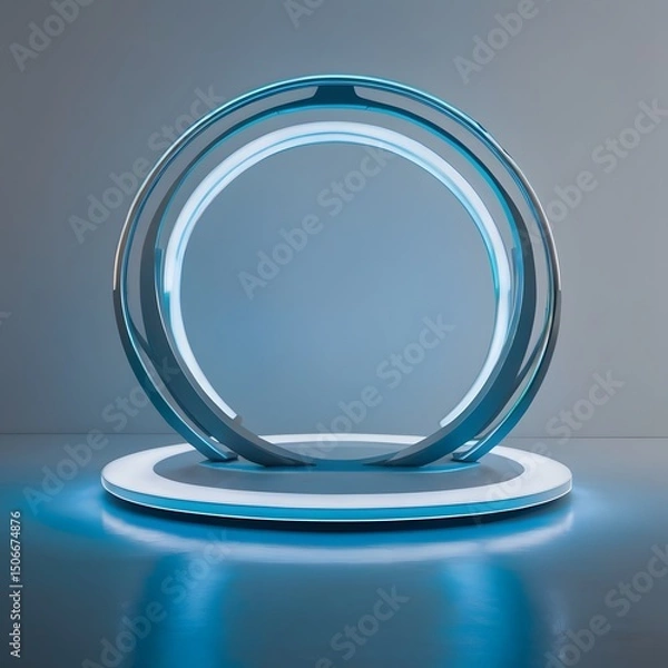 Fototapeta Futuristic product stage with floating neon rings
