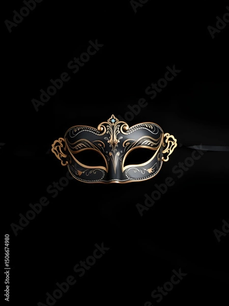 Obraz On a deep black background, there is an exquisite mask positioned at the center. Creating a banner for a celebration or special occasion. The equivalent of a themed masquerade costume party.