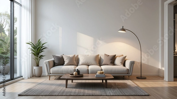 Obraz Modern living room with a cozy sofa and arc floor lamp illuminating the space