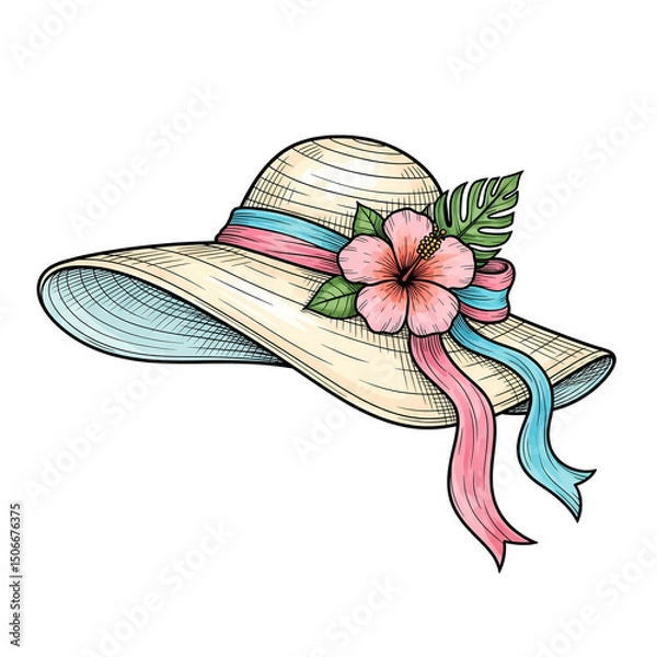 Obraz Wide-brimmed straw hat with woven texture, adorned by a pink and blue ribbon. 