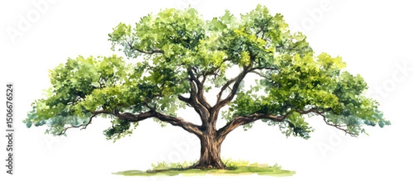 Fototapeta Watercolor illustration of an old oak tree with wide branches and lush green leaves isolated on transparent background