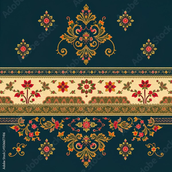 Fototapeta Traditional mixed Embroidery design concept. Antique illustration art for website, user interface theme. Interior decoration idea. Abstract pattern for the carpet background