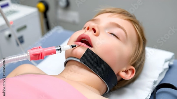 Obraz Emergency cricothyrotomy set with cricothyrotomy needle, syringe, padded neck strap and flexible connecting tube to establish emergency airway access for children in case of upper airway obstruction