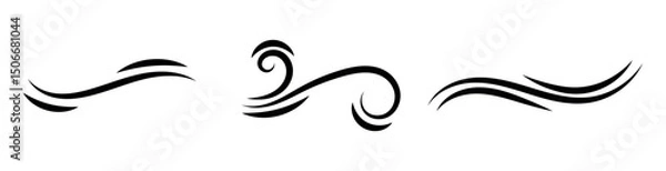 Fototapeta Black waves and splashes of water set. Swirls, curves and flow of liquid clip art. Silhouette of water flows, vector elements on a white background.