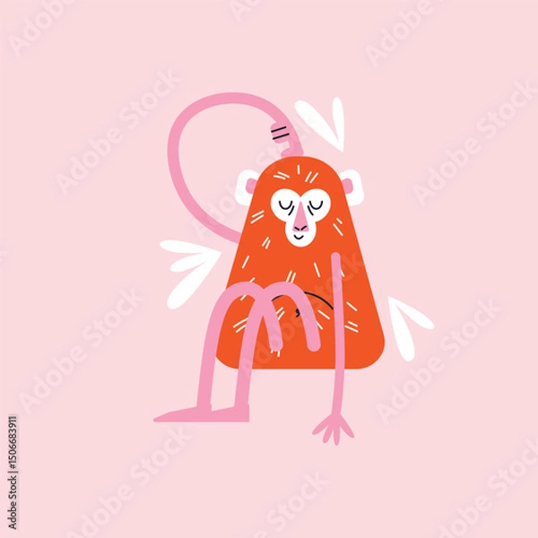 Obraz Cartoon monkeys set in various active poses. Flat vector illustration isolated on pink background in playful geometric style. Wellness and fitness activity concept. Wildlife animals concept