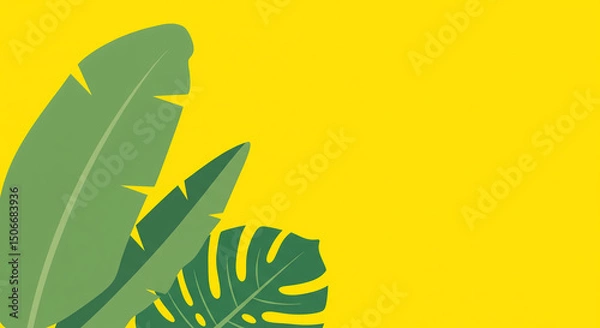 Obraz Green tropical leaves, including Monstera deliciosa and banana leaves, are arranged in the lower left corner against a vibrant yellow background. 
