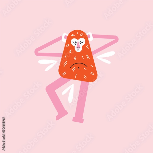 Obraz Cartoon monkeys set in various active poses. Flat vector illustration isolated on pink background in playful geometric style. Wellness and fitness activity concept. Wildlife animals concept