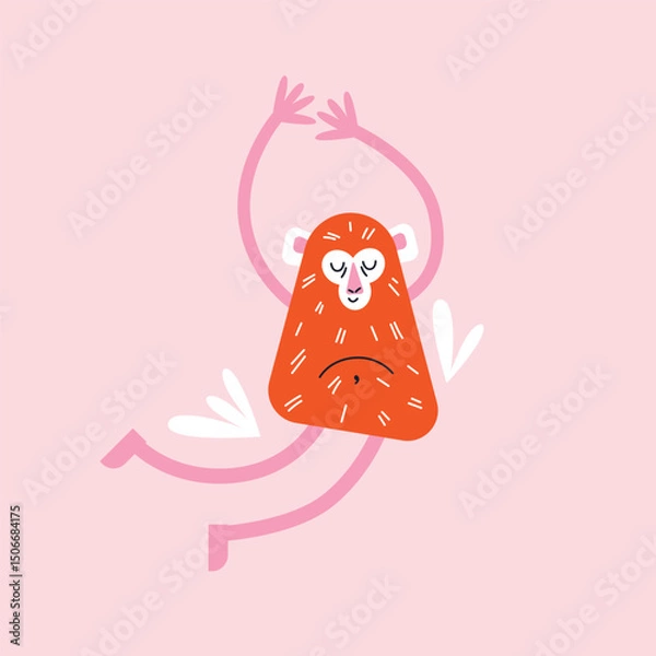 Obraz Cartoon monkeys set in various active poses. Flat vector illustration isolated on pink background in playful geometric style. Wellness and fitness activity concept. Wildlife animals concept