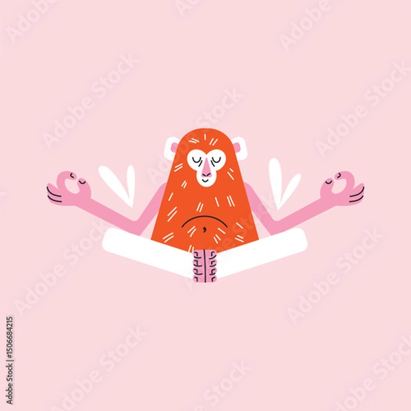 Obraz Cartoon monkeys set in yoga meditation pose. Flat vector illustration isolated on pink background in playful geometric style. Wellness and fitness activity concept. Wildlife animals concept
