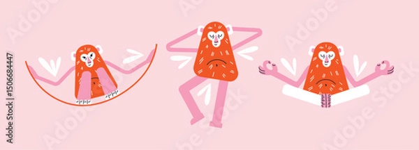 Obraz Cartoon monkeys set in various active poses. Flat vector illustration isolated on pink background in playful geometric style. Wellness and fitness activity concept. Wildlife animals concept