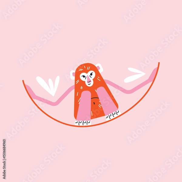Obraz Cartoon monkeys set in various active poses. Flat vector illustration isolated on pink background in playful geometric style. Wellness and fitness activity concept. Wildlife animals concept