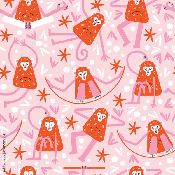 Obraz Cartoon monkeys seamless pattern in various yoga poses. Flat vector illustration isolated on pink background in playful geometric style. Wellness and fitness activity concept. Wildlife animals concept