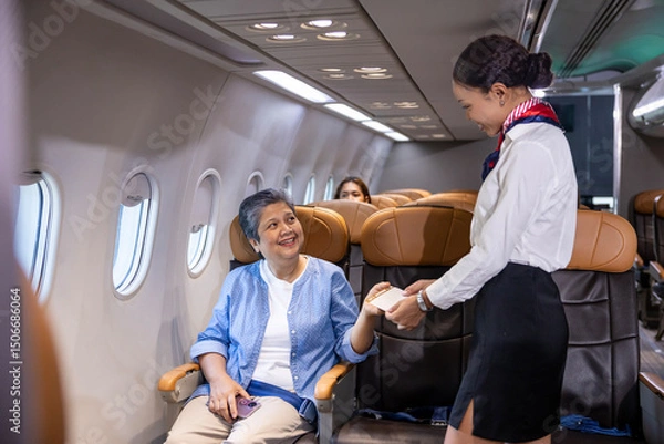 Fototapeta Flight attendant is welcoming and checking senior woman passenger boarding pass and show her seat for airplane flight and airline transportation