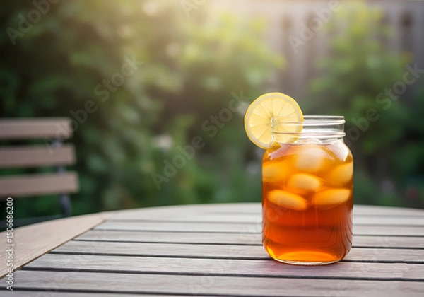 Obraz A glass jar filled with iced tea sits on a wooden table outdoors.