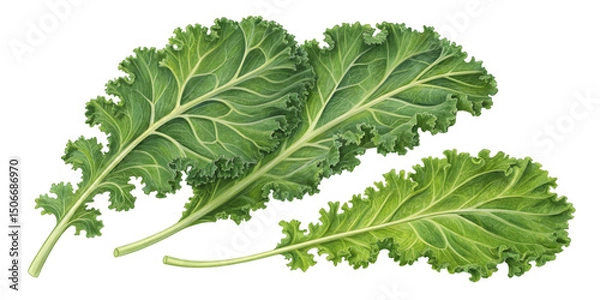 Fototapeta Three Kale Leaves Botanical Illustration, Isolated on Transparent Background, Vegetable, Green, Food, Leaf, Healthy, Plant