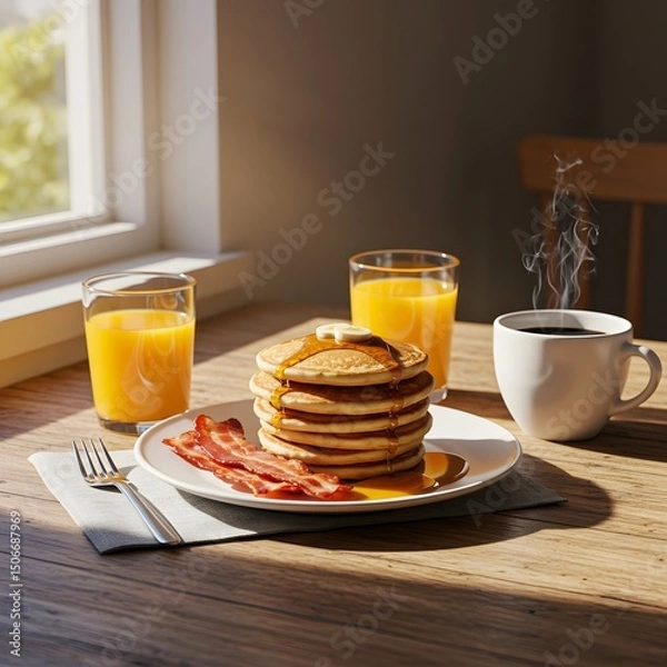 Fototapeta Delicious pancakes with bacon and orange juice