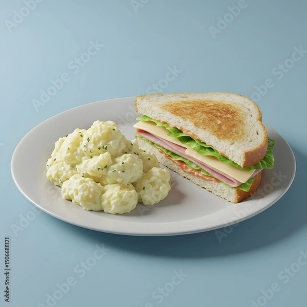 Fototapeta Ham and cheese sandwich with potato salad