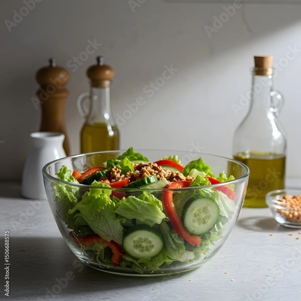 Fototapeta Fresh green salad with walnuts cucumbers and bell peppers