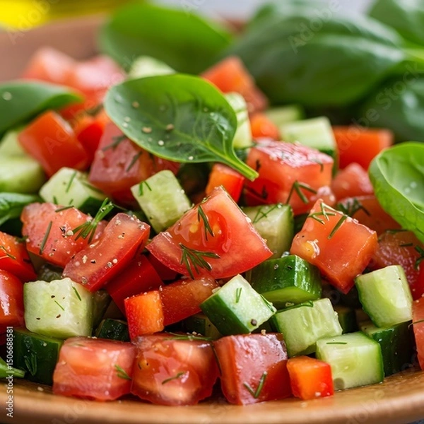 Fototapeta Fresh tomato cucumber salad with dill and spinach