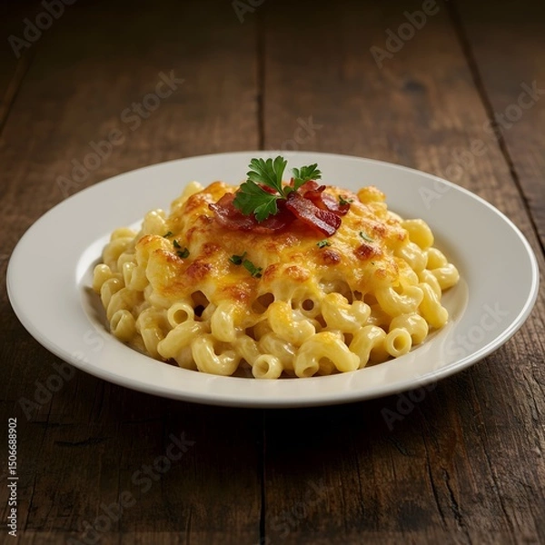 Fototapeta Delicious mac and cheese with bacon and cheese