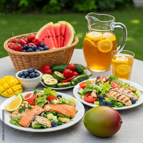 Fototapeta Healthy summer salad with grilled salmon and chicken
