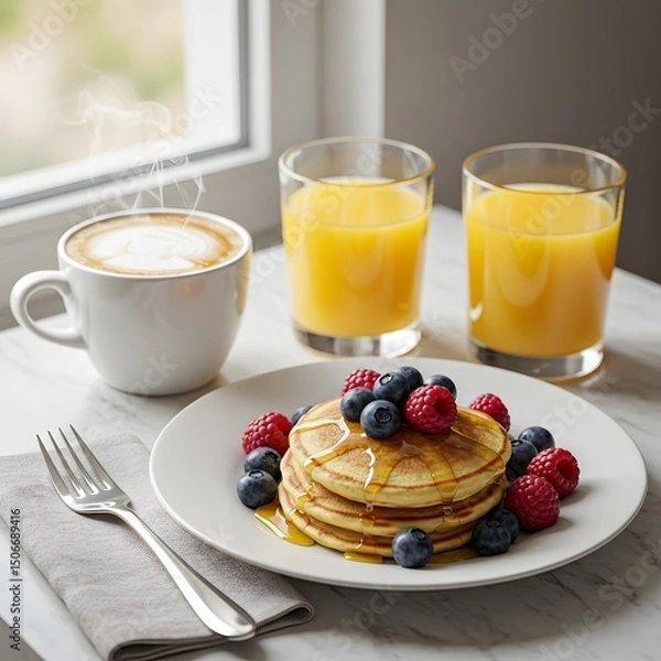 Fototapeta Delicious pancakes with berries and maple syrup breakfast