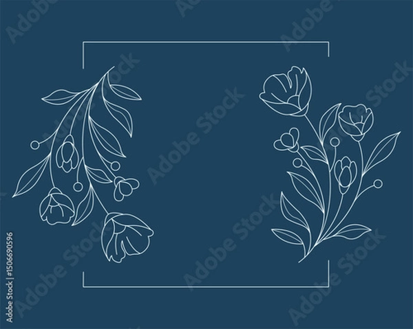 Fototapeta Floral and square hand drawn style. Floral navy frame of twigs, leaves and flowers. Frames for the Valentine's day, wedding decor, logo and identity template.