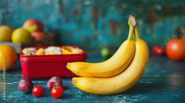 Fototapeta Fresh Bananas Surrounded by Colorful Fruits on a Rustic Table