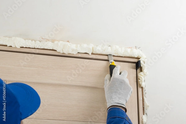 Fototapeta Removing unnecessary dried mounting foam from the door slot
