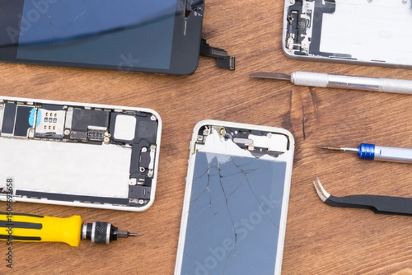 Fototapeta Gadget repair tools next to faulty displays, top view